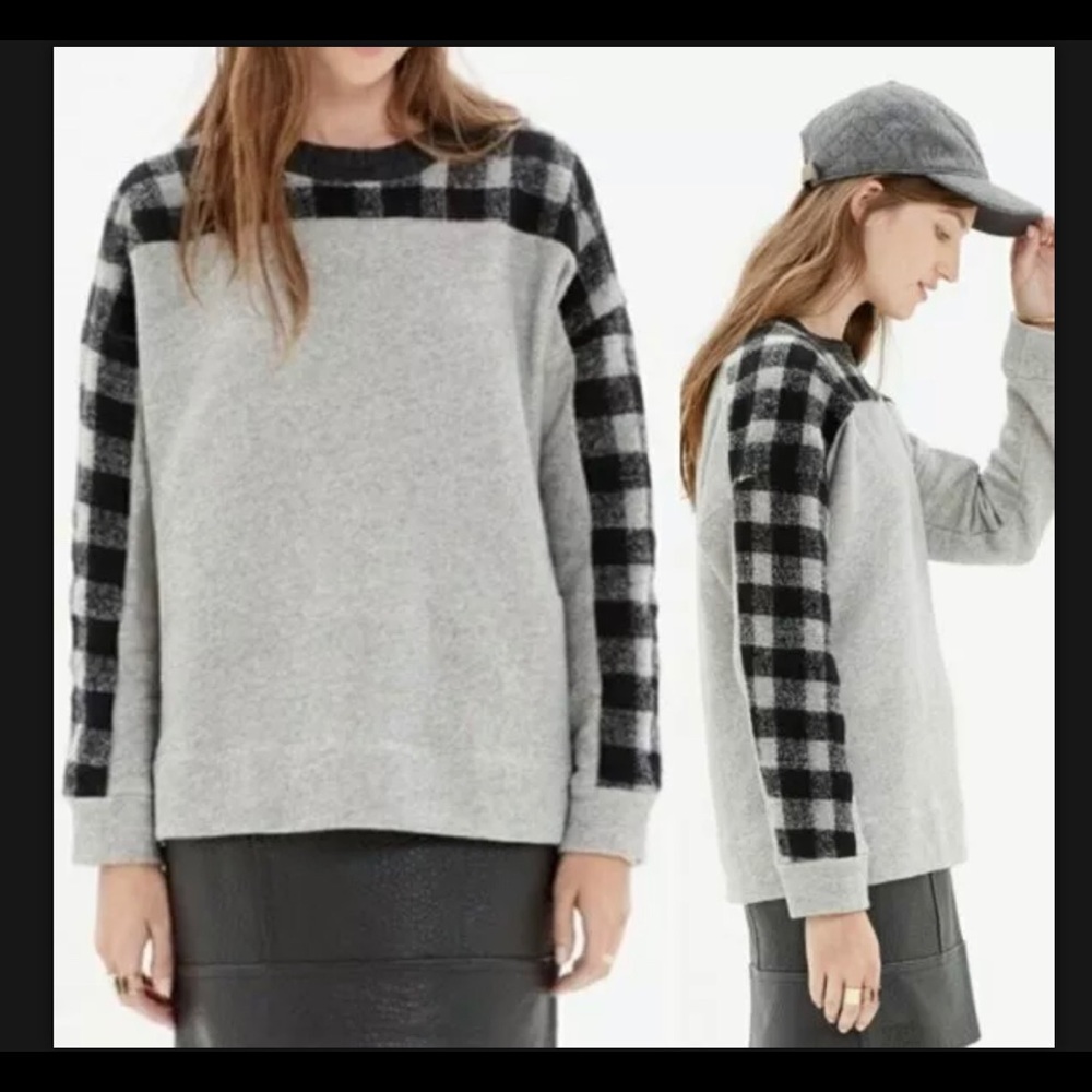 Madewell Womens Gray Buffalo Plaid Checkered Arm Sweater Crewneck Small